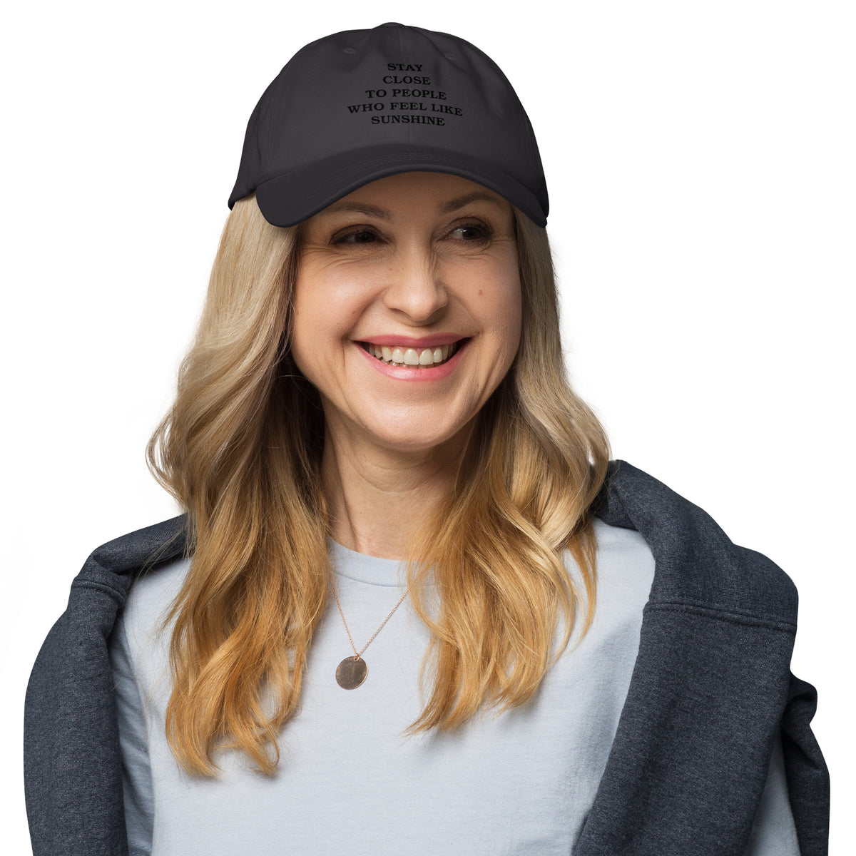 Stay Close to Sunshine – Dad Cap in Dark Grey, front view.