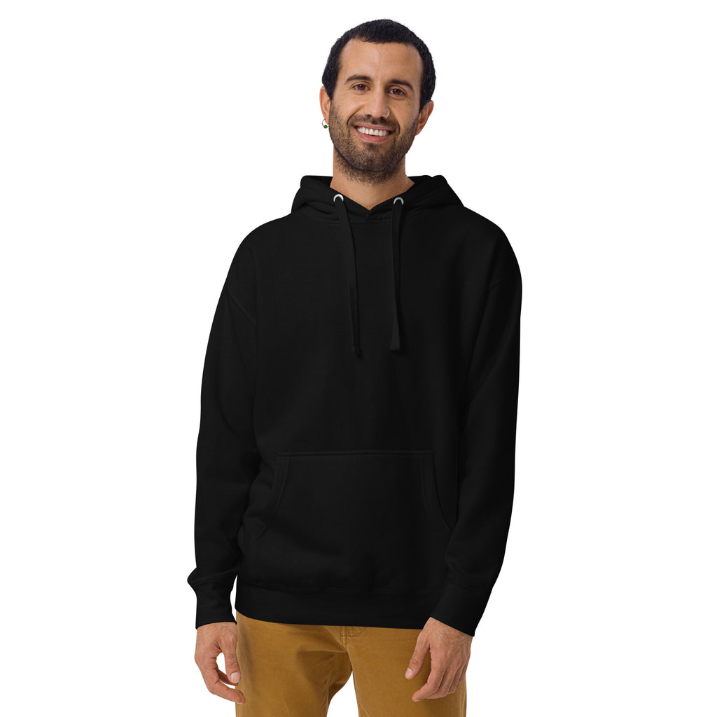 Less Drama, More Riviera – Hoodie in Black, front view on a male model.