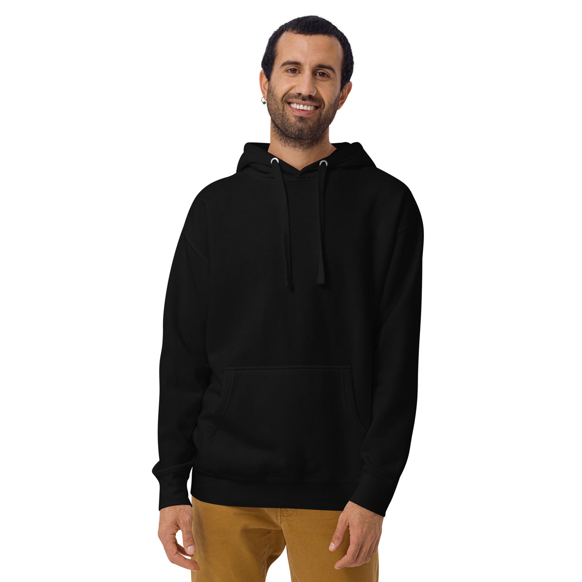 Less Drama, More Riviera – Hoodie in Black, front view on a male model.