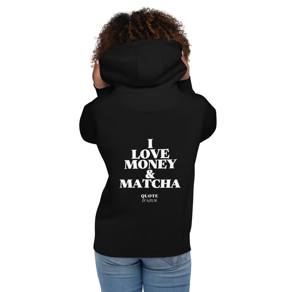 I Love Money & Matcha – Hoodie in Black, back view on a female model.