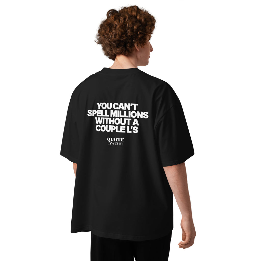 You Can’t Spell Millions Without a Couple L’s – Oversized T-Shirt in Black, back view on a male model.