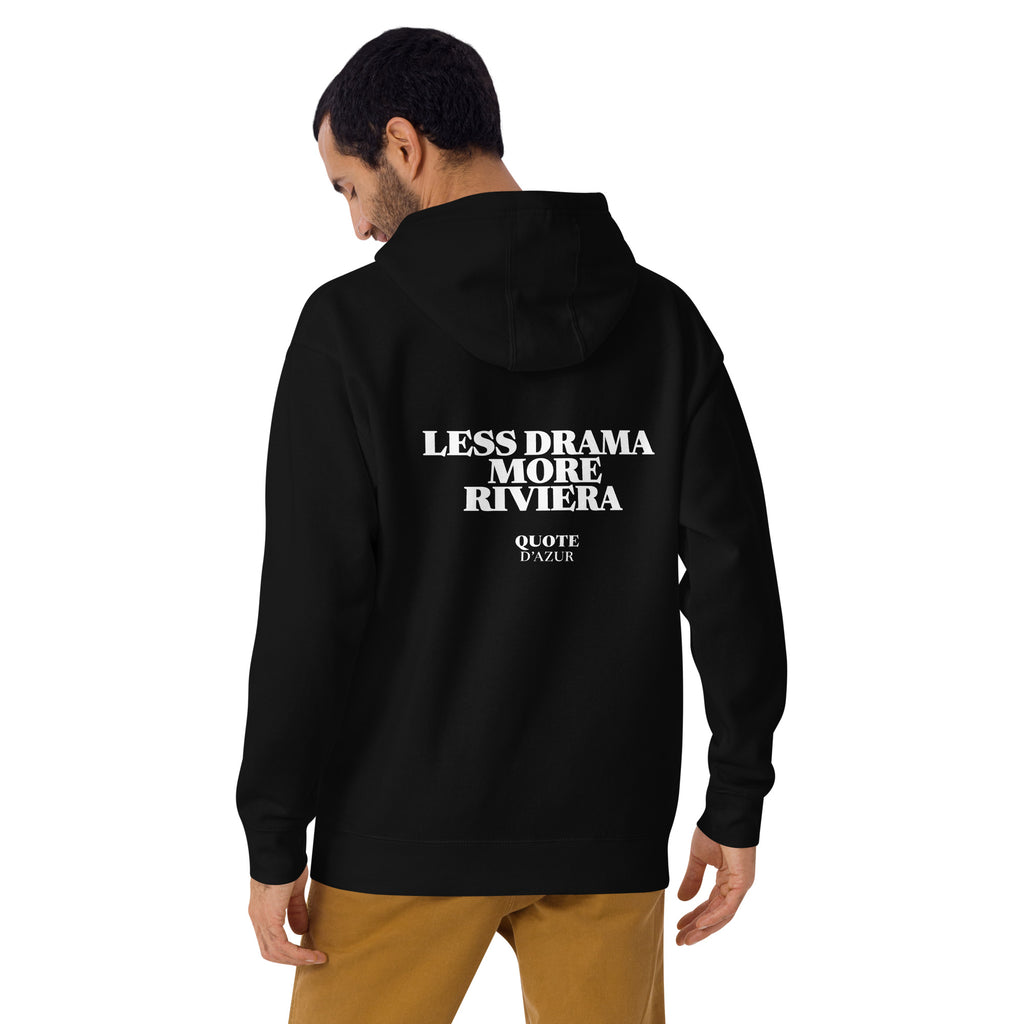 Less Drama, More Riviera – Hoodie in Black, back view on a male model.