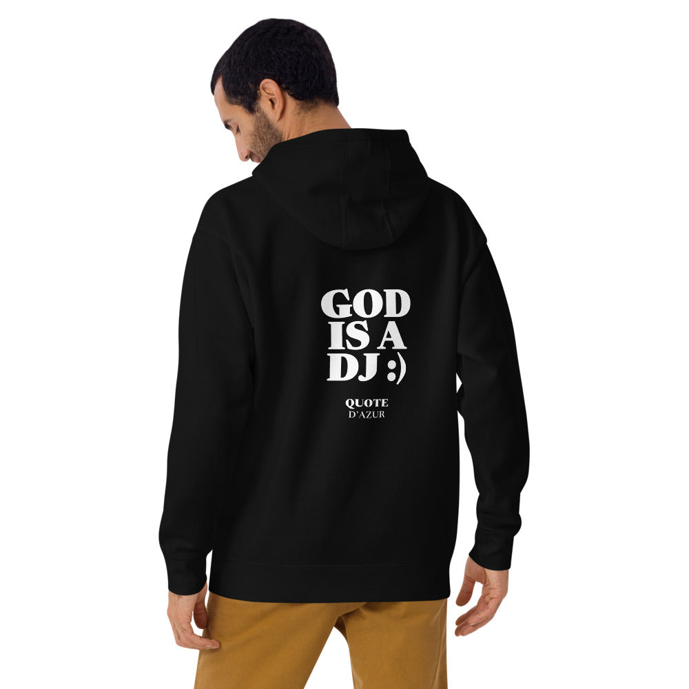 God Is a DJ :) – Hoodie in Black, back view on a male model.