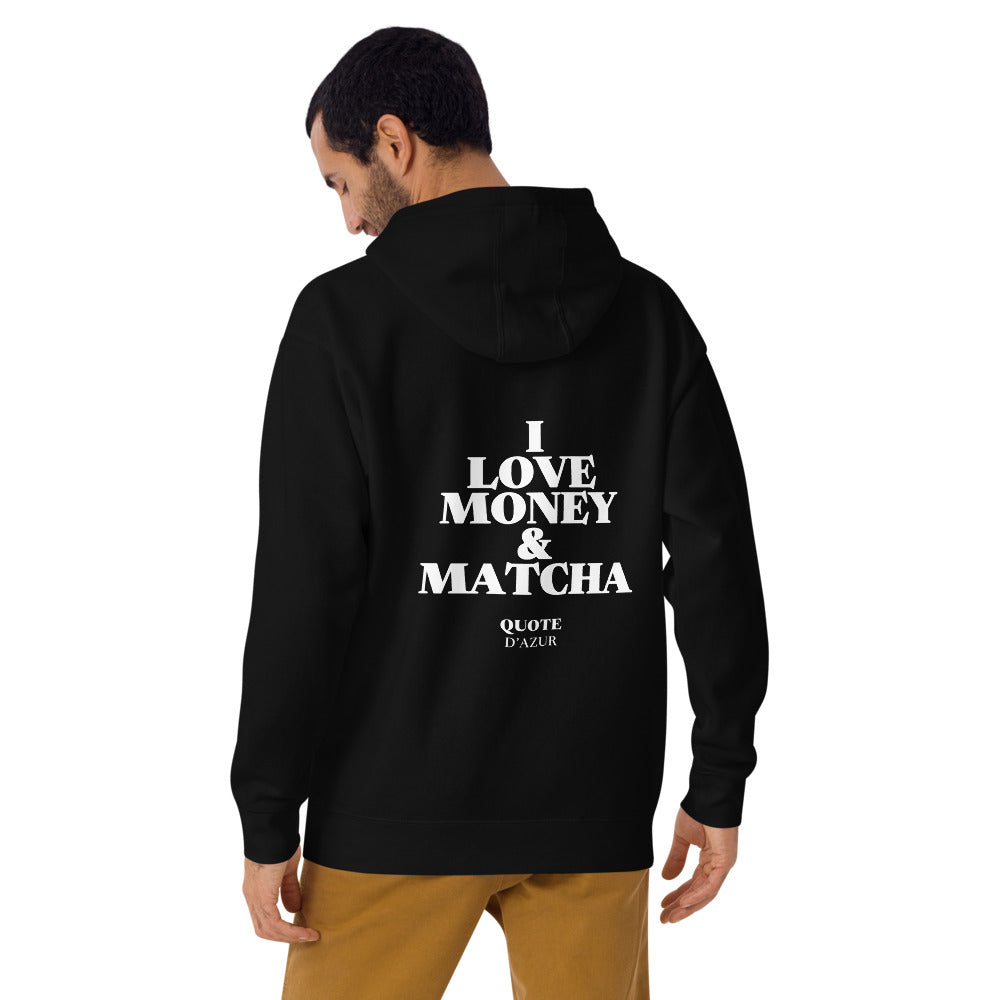 I Love Money & Matcha – Hoodie in Black, back view on a male model.
