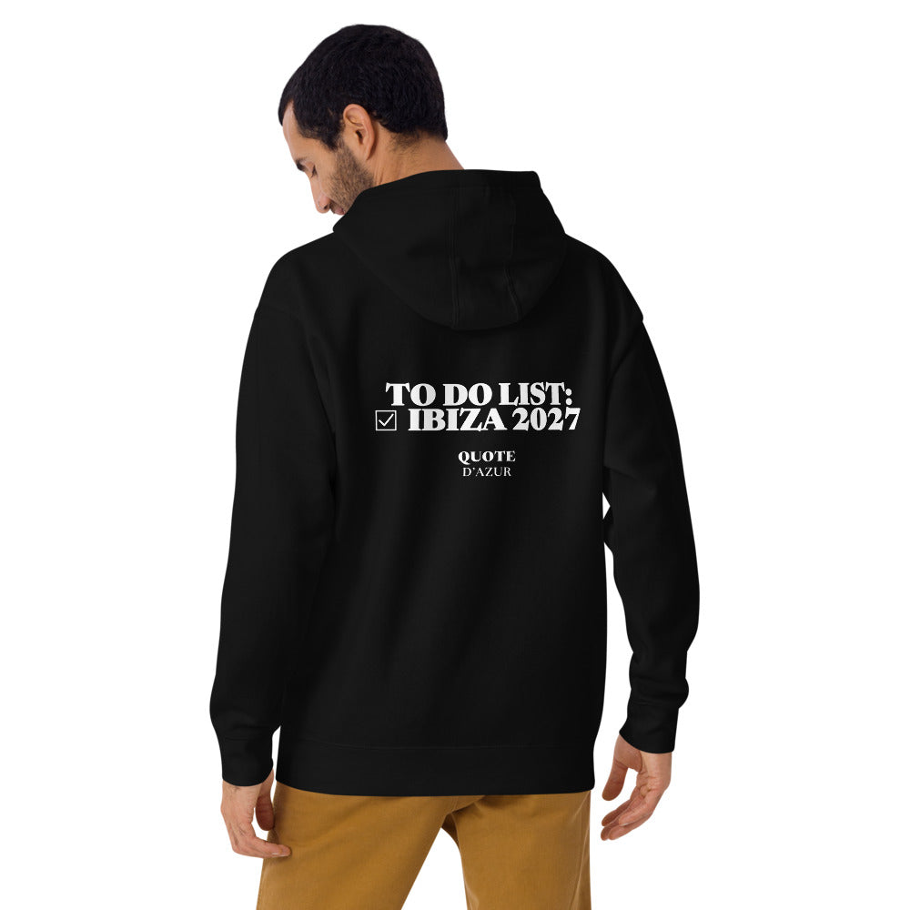 To Do List: Ibiza 2027 – Premium Hoodie in Black, back view on a male model.
