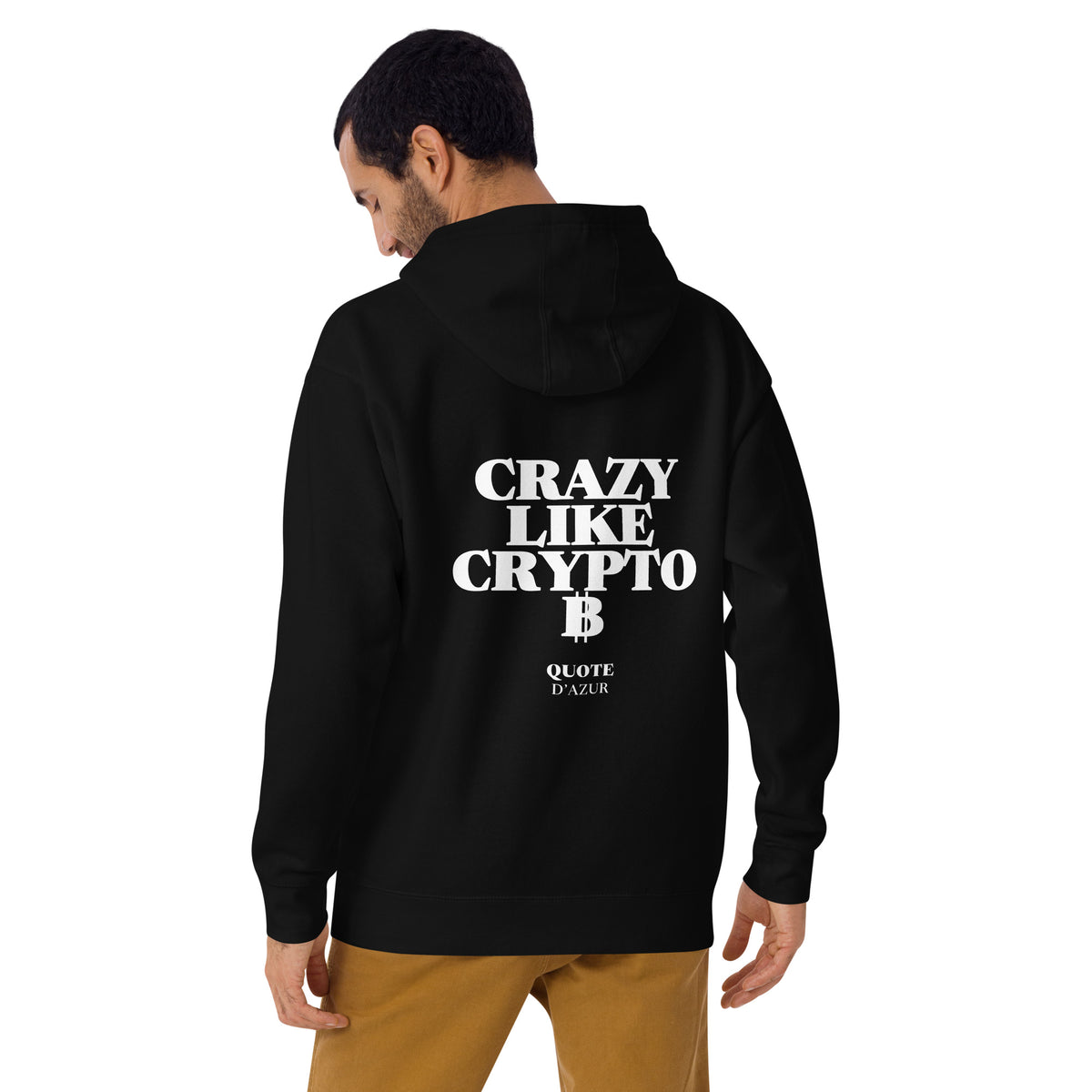 Crazy Like Crypto ₿ – Premium Hoodie in Black, back view on a male model.