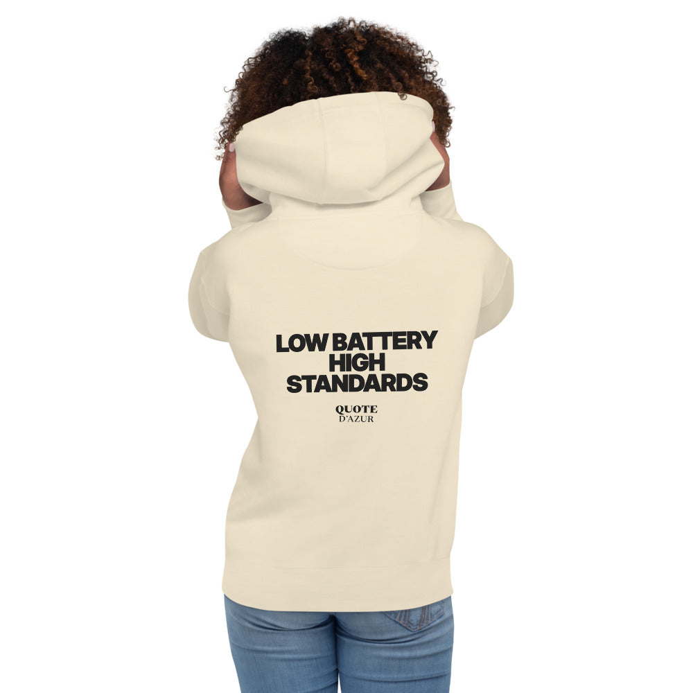 Low Battery, High Standards hoodie in Bone – back print (women)