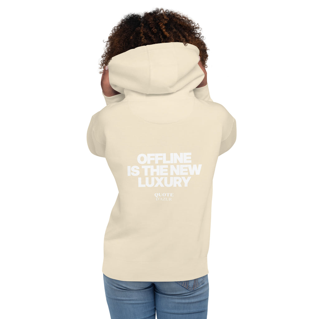 QUOTE D’AZUR Offline Is the New Luxury hoodie, Bone, back view – product mockup