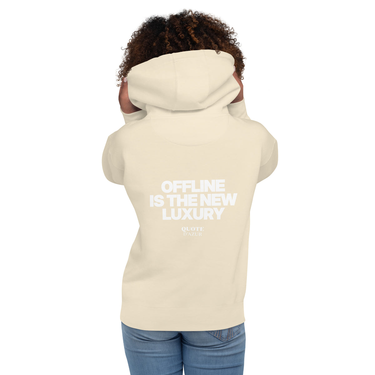 QUOTE D’AZUR Offline Is the New Luxury hoodie, Bone, back view – product mockup