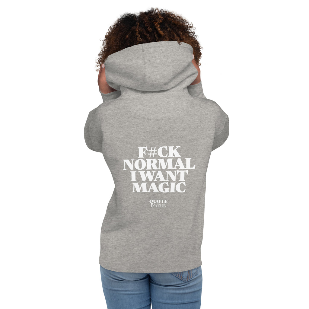 QUOTE D’AZUR F#ck Normal, I Want Magic hoodie, Carbon Grey, back view – product mockup