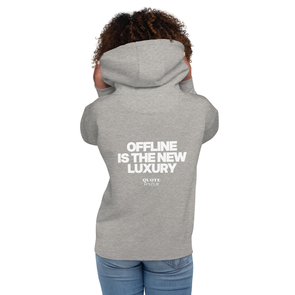QUOTE D’AZUR Offline Is the New Luxury hoodie, Carbon Grey, back view – product mockup