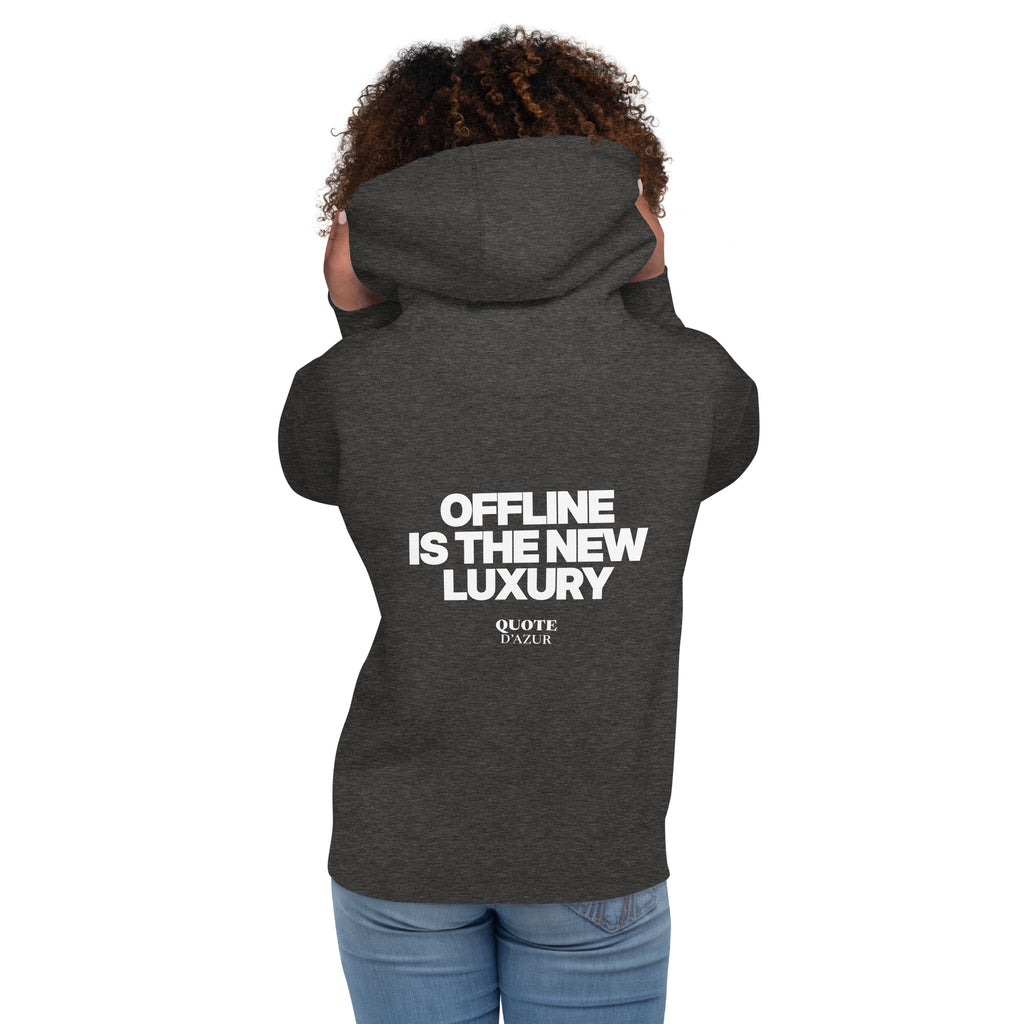 QUOTE D’AZUR Offline Is the New Luxury hoodie, Charcoal Heather, back view – product mockup