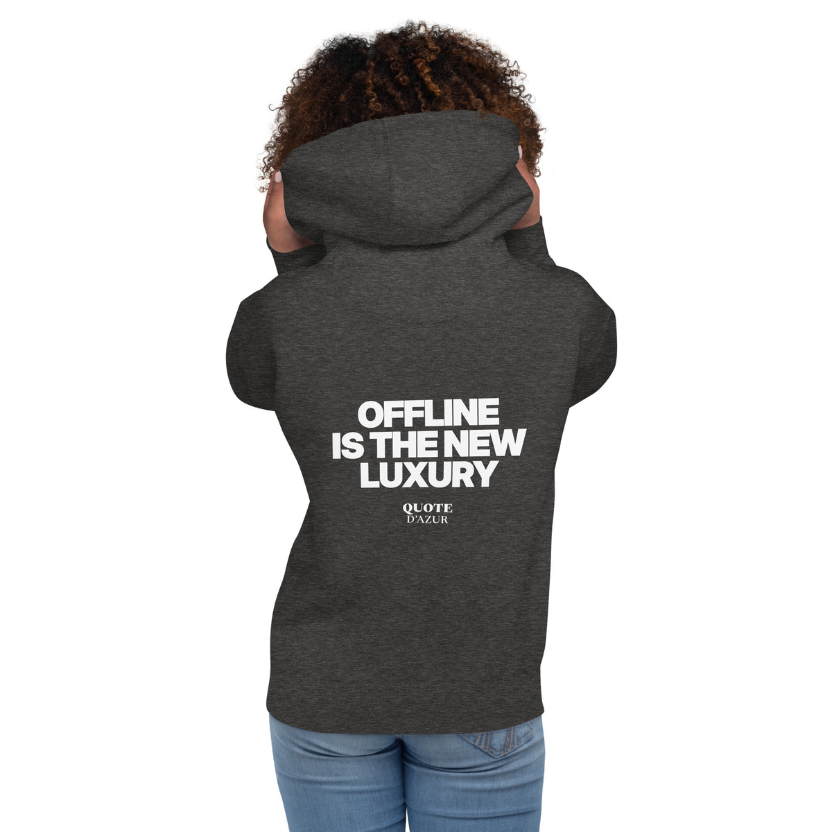 QUOTE D’AZUR Offline Is the New Luxury hoodie, Charcoal Heather, back view – product mockup