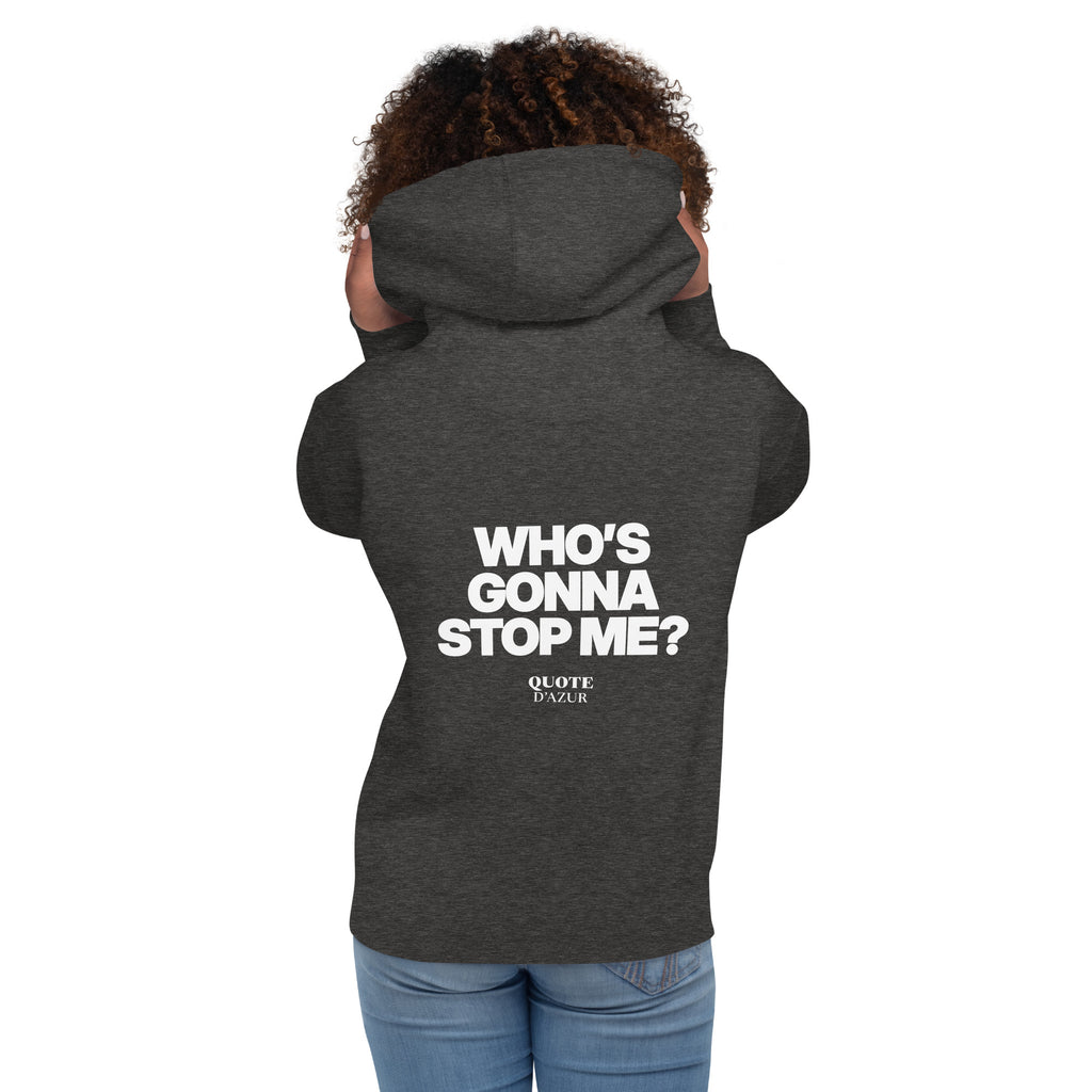 QUOTE D’AZUR Who’s Gonna Stop Me? hoodie, Charcoal Heather, back view – product mockup