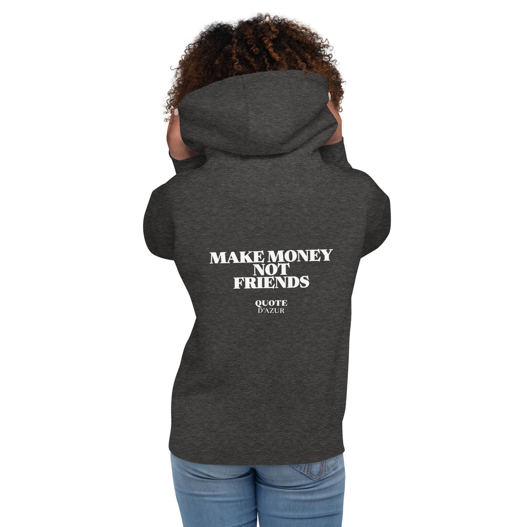 QUOTE D’AZUR Make Money, Not Friends hoodie, Charcoal Heather, back view – product mockup