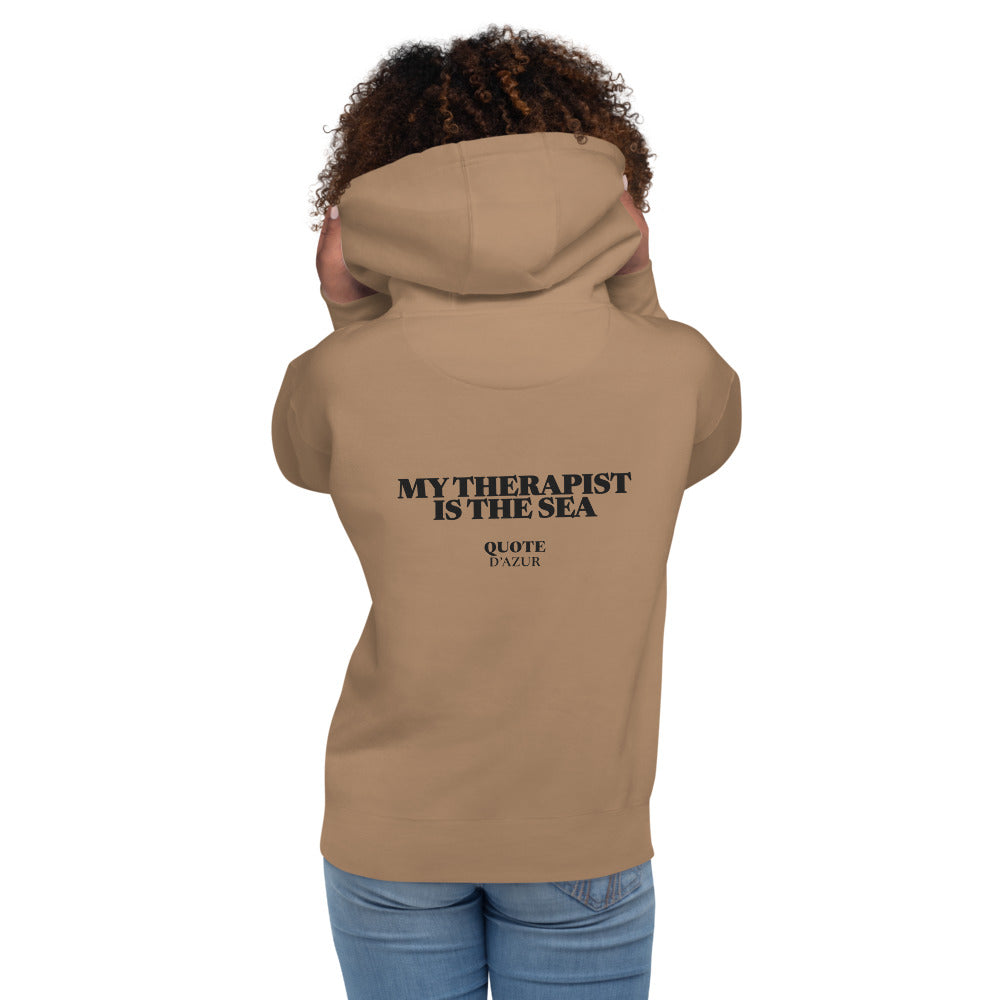My Therapist Is the Sea hoodie in Latte – back print (women)