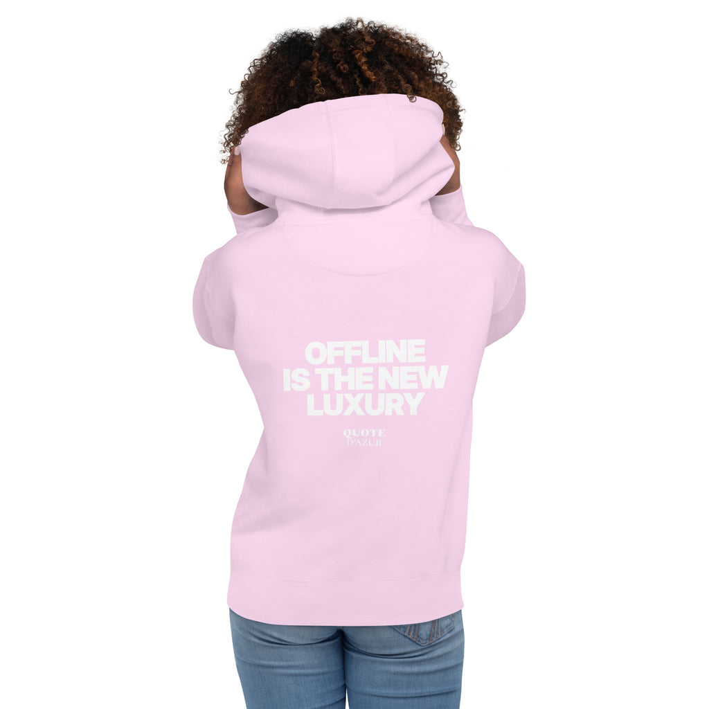 QUOTE D’AZUR Offline Is the New Luxury hoodie, Lavender, back view – product mockup