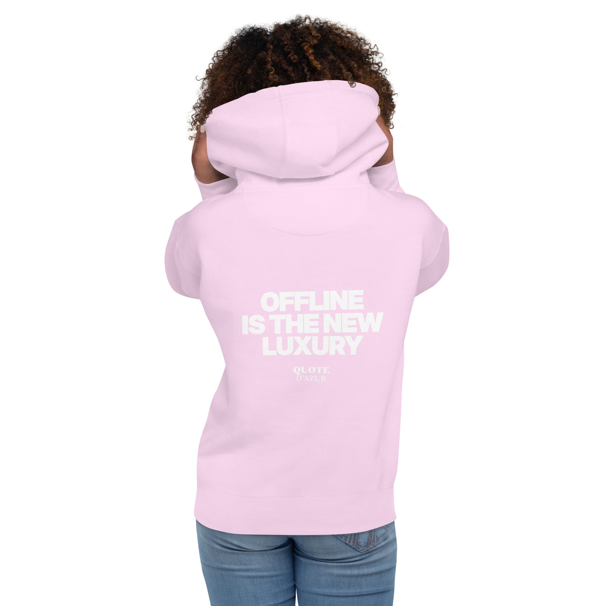 QUOTE D’AZUR Offline Is the New Luxury hoodie, Lavender, back view – product mockup