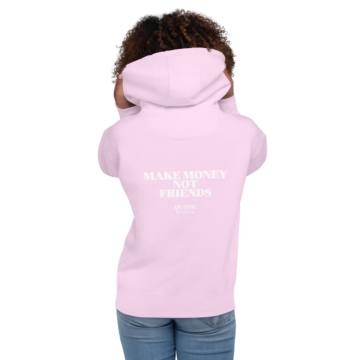 QUOTE D’AZUR Make Money, Not Friends hoodie, Lavender, back view – product mockup