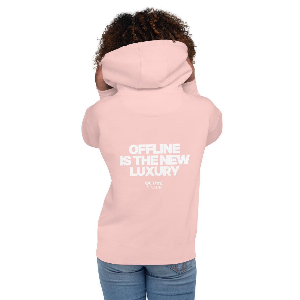 QUOTE D’AZUR Offline Is the New Luxury hoodie, Light Pink, back view – product mockup