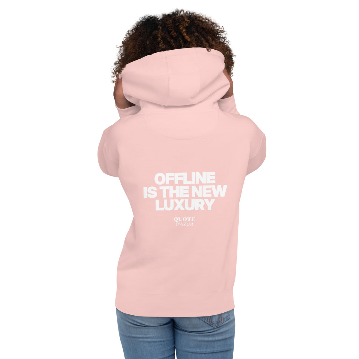 QUOTE D’AZUR Offline Is the New Luxury hoodie, Light Pink, back view – product mockup