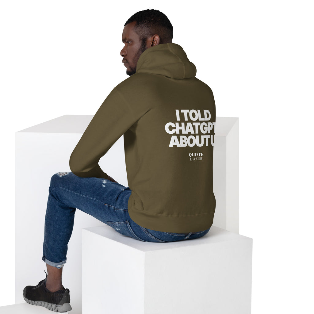 QUOTE D’AZUR I Told ChatGPT About U hoodie, Military Green, back view – product mockup (men lifestyle)