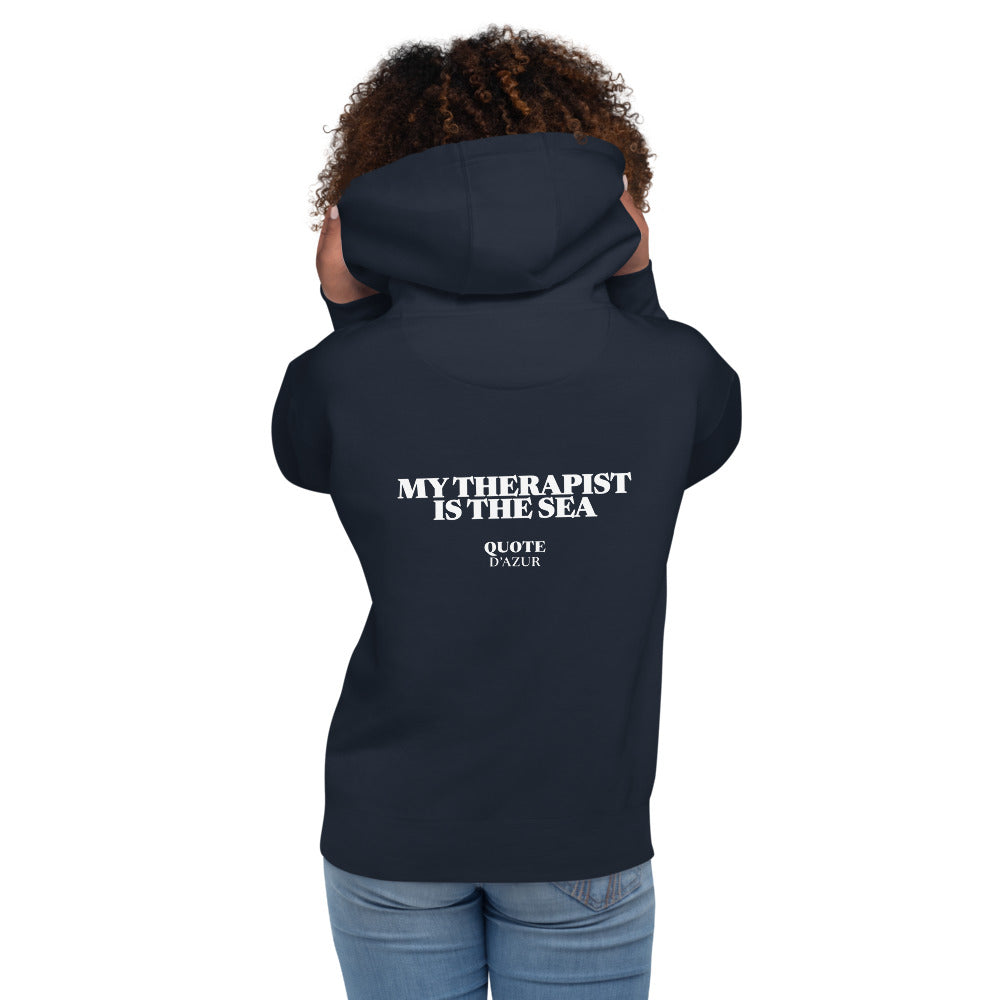 My Therapist Is the Sea hoodie in Navy Blazer – back print (women)