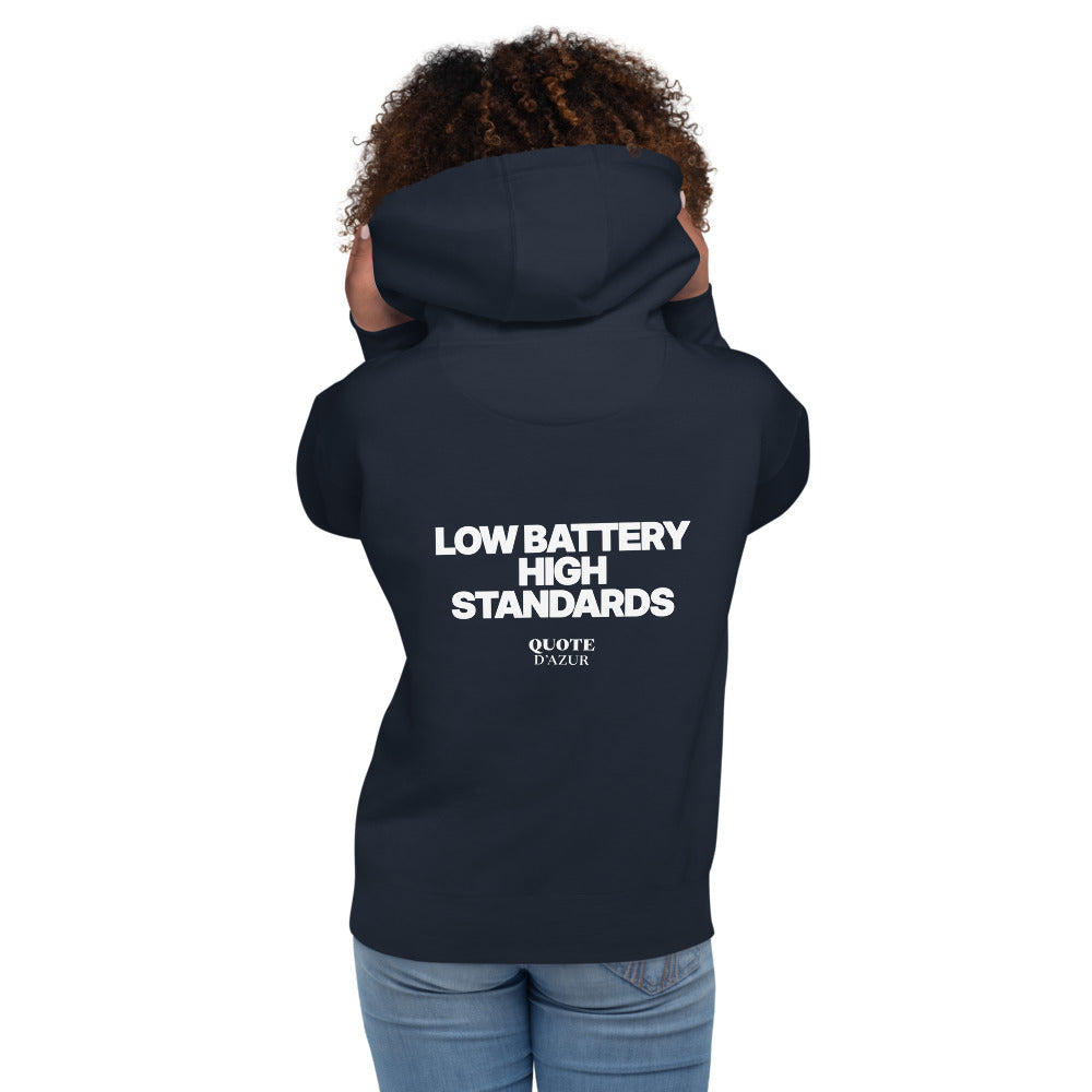 Low Battery, High Standards hoodie in Navy Blazer – back print (women)