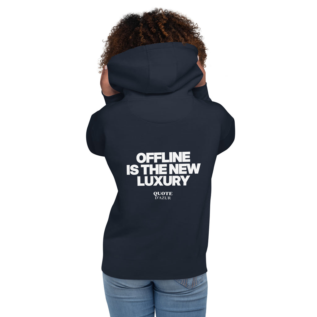 QUOTE D’AZUR Offline Is the New Luxury hoodie, Navy Blazer, back view – product mockup