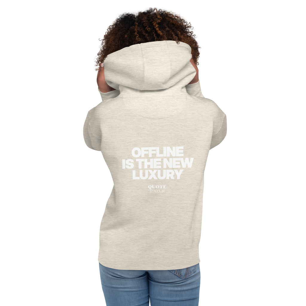 QUOTE D’AZUR Offline Is the New Luxury hoodie, Oatmeal Heather, back view – product mockup