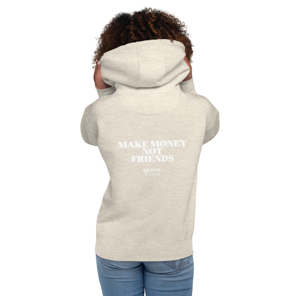 QUOTE D’AZUR Make Money, Not Friends hoodie, Oatmeal Heather, back view – product mockup