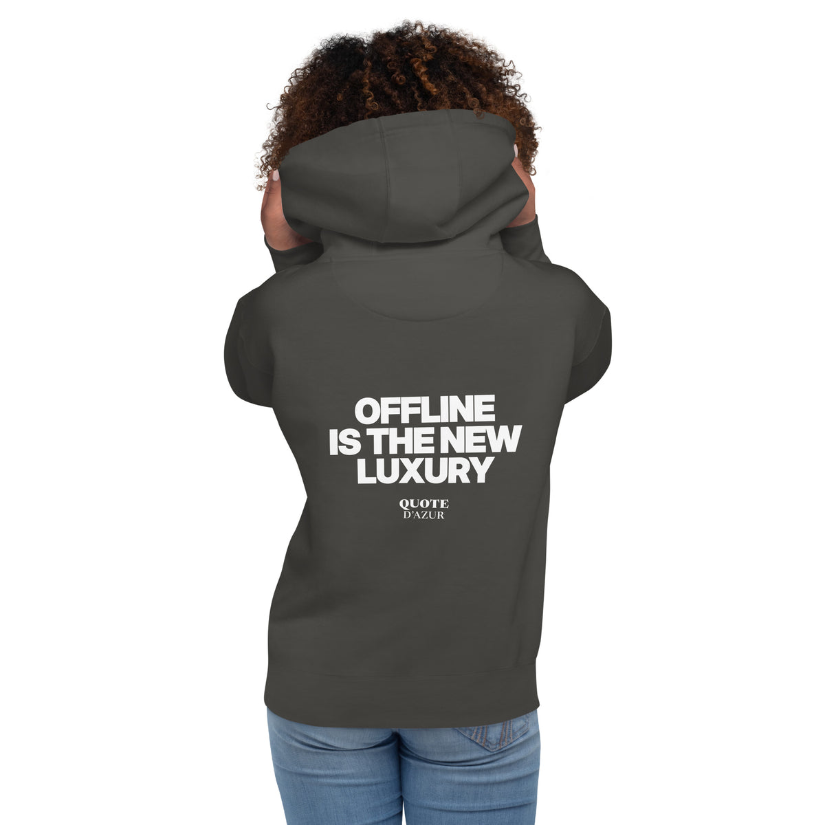 QUOTE D’AZUR Offline Is the New Luxury hoodie, Vintage Black, back view – product mockup