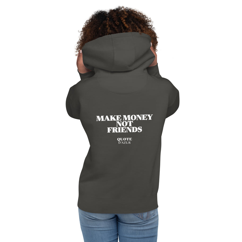 QUOTE D’AZUR Make Money, Not Friends hoodie, Vintage Black, back view – product mockup